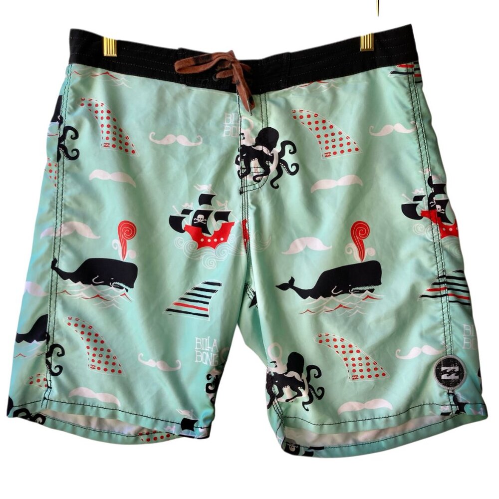 Billabong Swim Trunks Mens Size 36 Pirate Ship Whales Board Shorts Bathing Suit